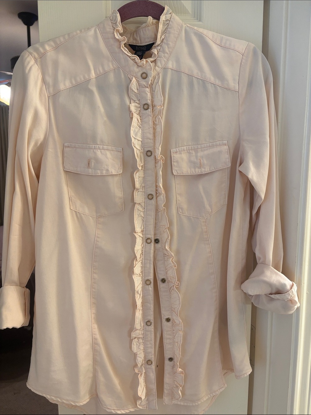Buffalo Button Pale Blush Ruffle-Trim shirt